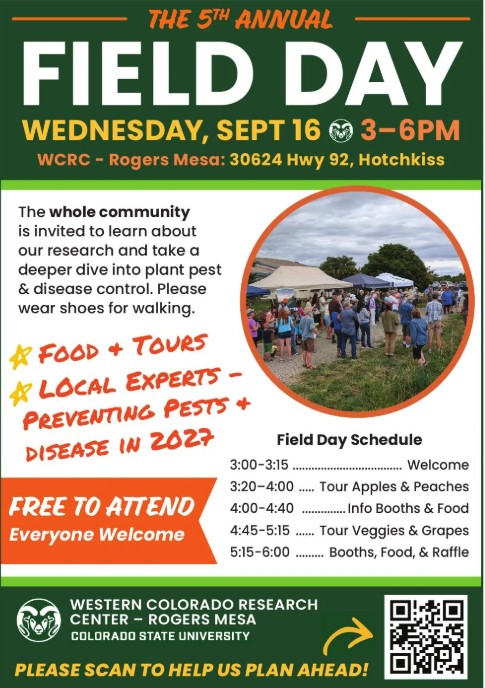 Event poster for 5th Annual Field Day on Sept 16 from 3-6 PM at CSU WCRC Rogers Mesa in Hotchkiss, featuring guided farm tours, food, and pest control info.