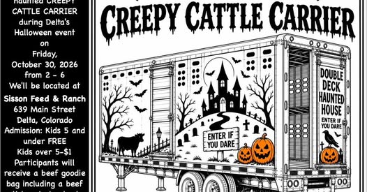 Black and white graphic of a double-deck cattle trailer decorated with pumpkins and bats for the Creepy Cattle Carrier haunted house on Oct 30 in Delta, CO.
