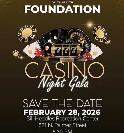 Black and gold flyer for Delta Health Foundation Casino Night Gala on Feb 28, 2026 at 5:30 PM, featuring poker chips, cards, roulette wheel, and slot machine graphics.