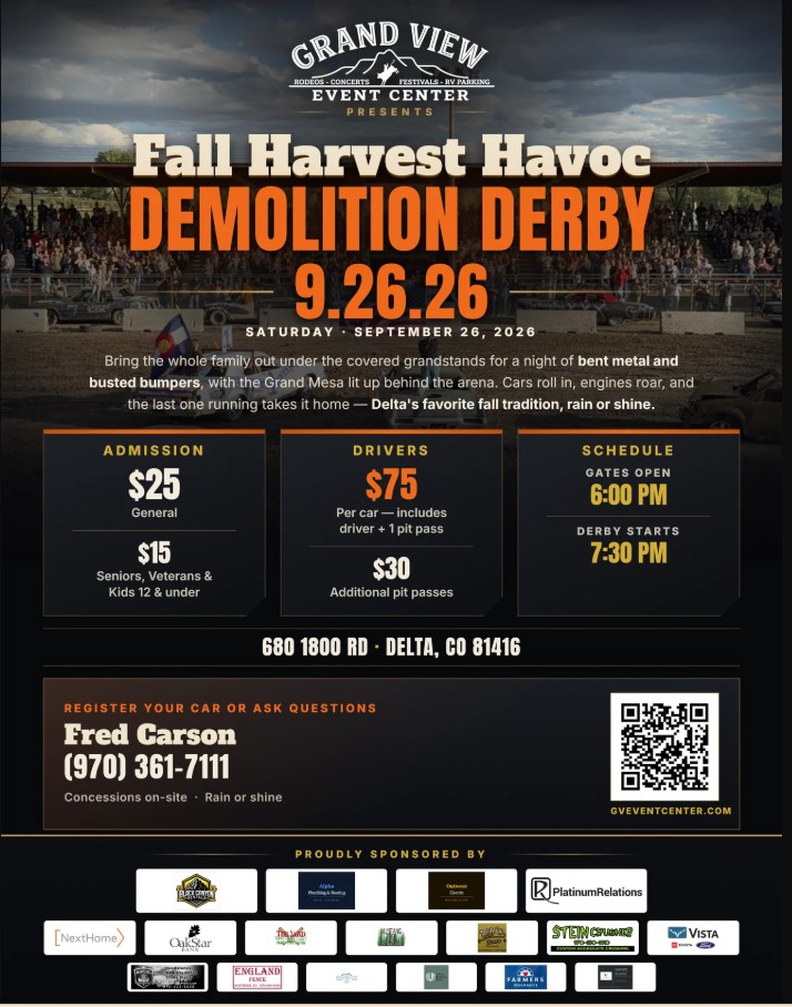 Promotional poster for Fall Harvest Havoc Demolition Derby on Sept 26, 2026 at Grand View Event Center in Delta, CO, showing cars colliding in an arena under covered grandstands