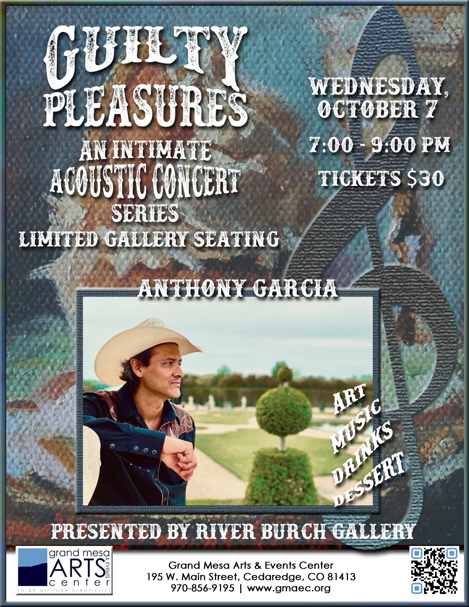 Event poster for Guilty Pleasures acoustic concert featuring musician Anthony Garcia on Oct 7 from 7-9 PM at Grand Mesa Arts & Events Center in Cedaredge, CO