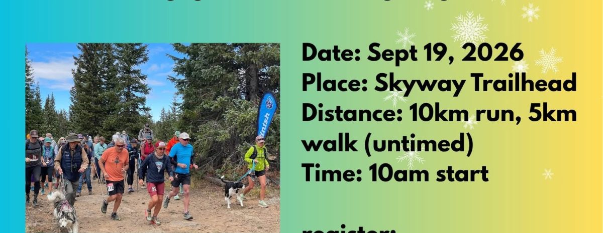Event poster for the 4th Annual Grand Mesa Run for Snow on Sept 19 at 10 AM at Skyway Trailhead, showing runners on a trail and the interior of the new Skyway Station.