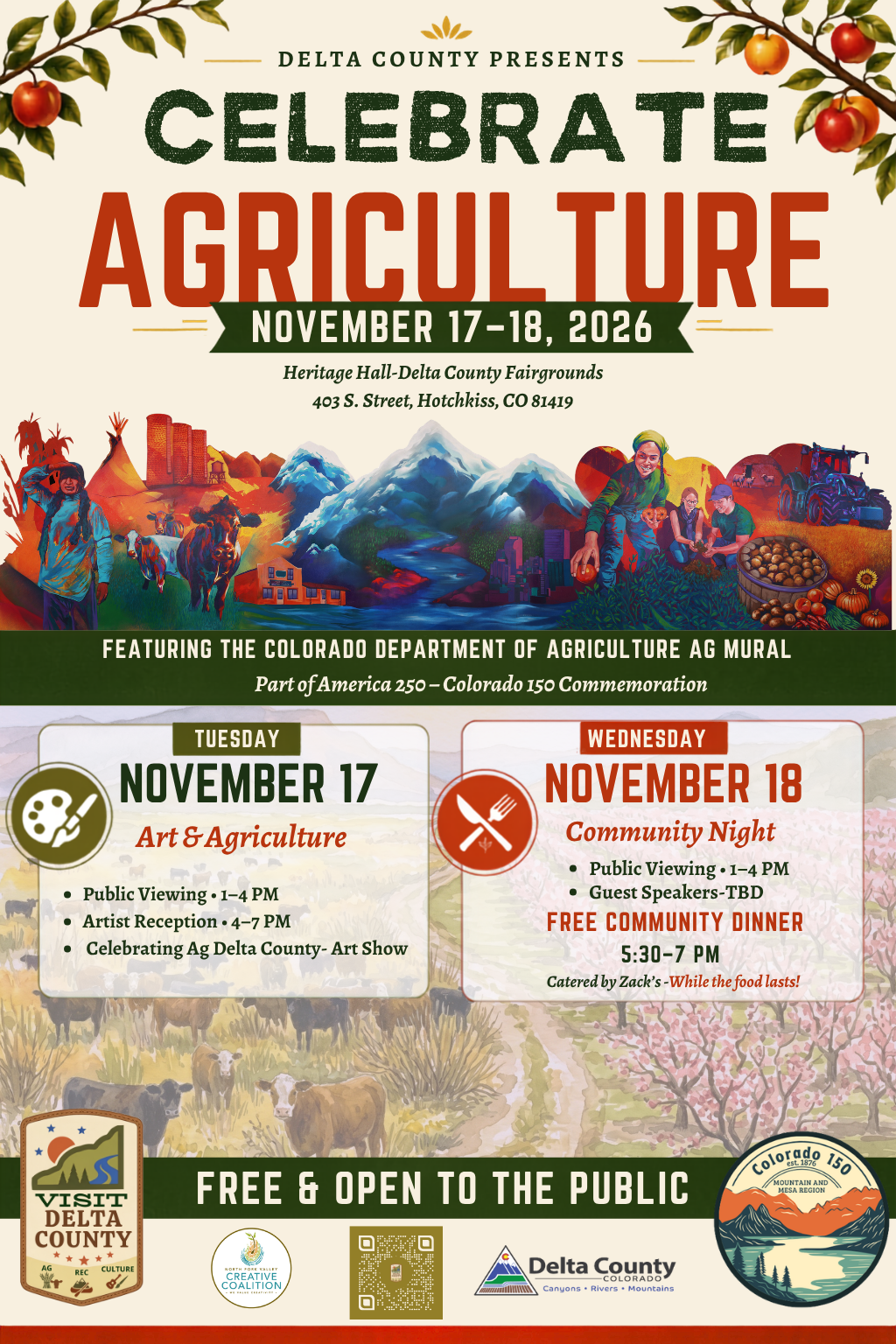 Colorful mural depicting agricultural scenes in Colorado, alongside details for the Celebrate Agriculture event on Nov 17-18, 2026, at Heritage Hall in Hotchkiss.
