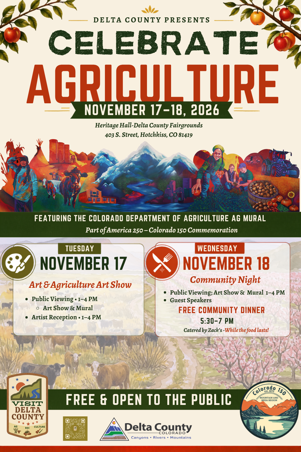 Colorful mural depicting agricultural scenes in Colorado, alongside details for the Celebrate Agriculture event on Nov 17-18, 2026, at Heritage Hall in Hotchkiss.