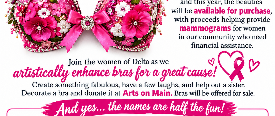 Promotional flyer for The Decorative Bra Show starting Oct 1st at Arts on Main in Delta, CO, featuring a pink bedazzled bra with butterflies to raise funds for local mammograms.