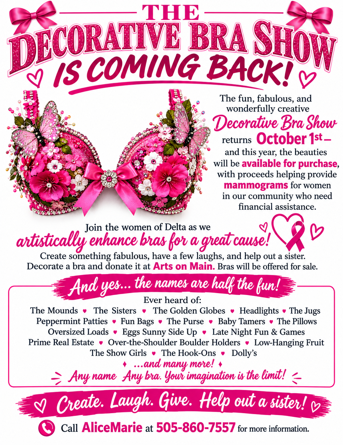 Promotional flyer for The Decorative Bra Show starting Oct 1st at Arts on Main in Delta, CO, featuring a pink bedazzled bra with butterflies to raise funds for local mammograms.
