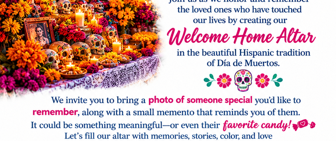 Colorful flyer for Día de Muertos Welcome Home Altar at Arts On Main Delta, featuring marigolds, sugar skulls, and colorful papel picado, calling for photos and mementos by Sept 30th.