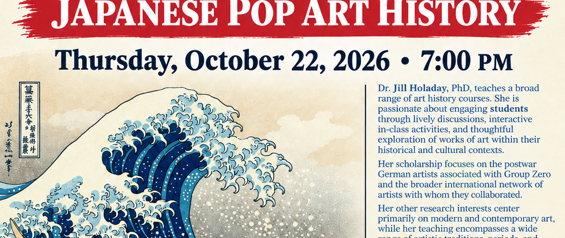 Event flyer for Japanese Pop Art History lecture with Dr. Jill Holaday on Oct 22 at 7 PM at Arts on Main in Delta, CO, featuring Hokusai's iconic Great Wave artwork.