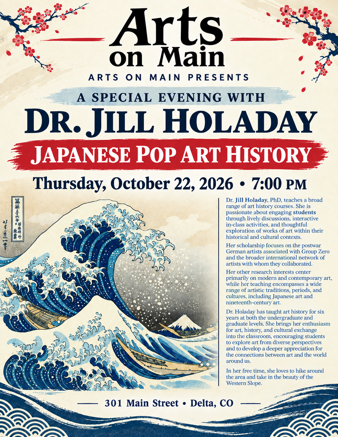 Event flyer for Japanese Pop Art History lecture with Dr. Jill Holaday on Oct 22 at 7 PM at Arts on Main in Delta, CO, featuring Hokusai's iconic Great Wave artwork.