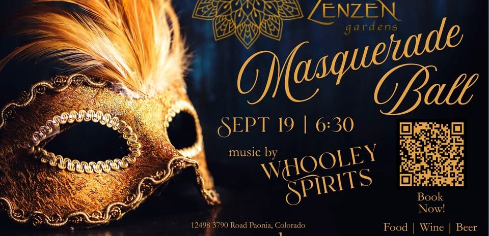 Elegant Masquerade Ball promotional graphic for Sept 19 at 6:30 PM at Zenzen Gardens, showing an intricate gold feathered mask against a dark blue background.
