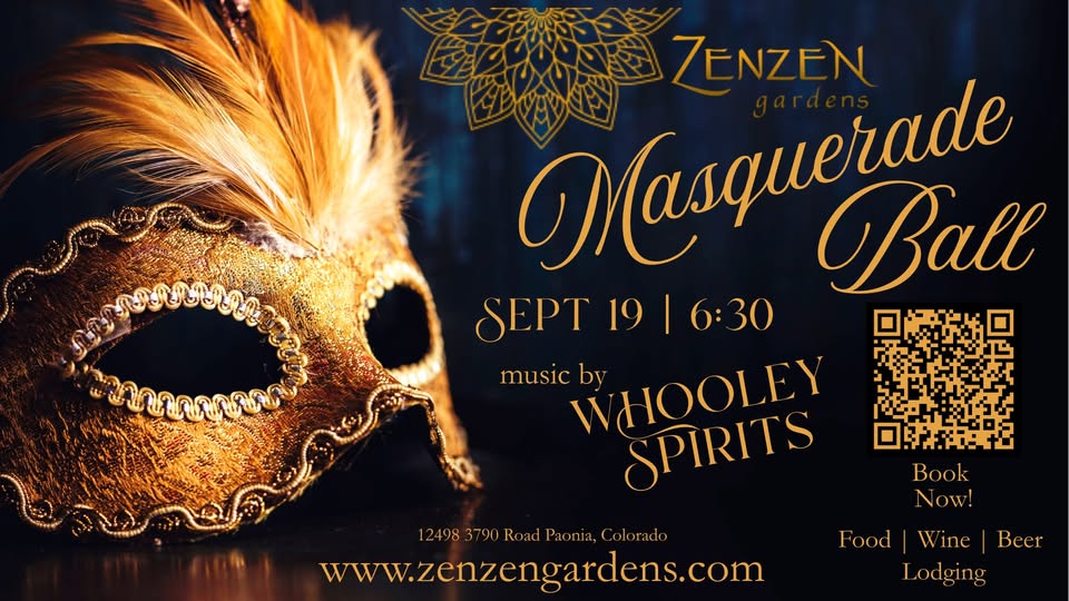 Elegant Masquerade Ball promotional graphic for Sept 19 at 6:30 PM at Zenzen Gardens, showing an intricate gold feathered mask against a dark blue background.