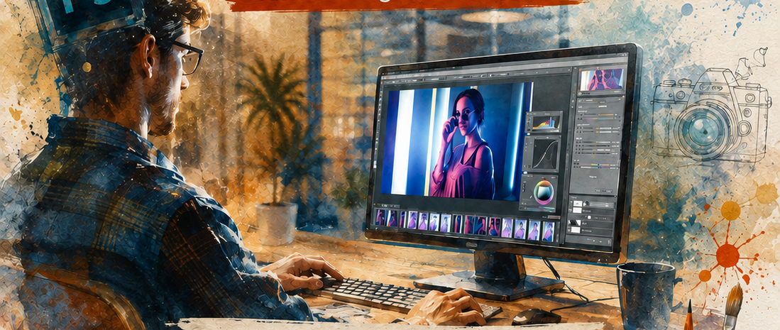 Promotional flyer for Photoshop Class & Workshop for beginners at Arts on Main, listing dates in Sept and Oct from 2:30-4 PM, with artwork of a person working on photo editing
