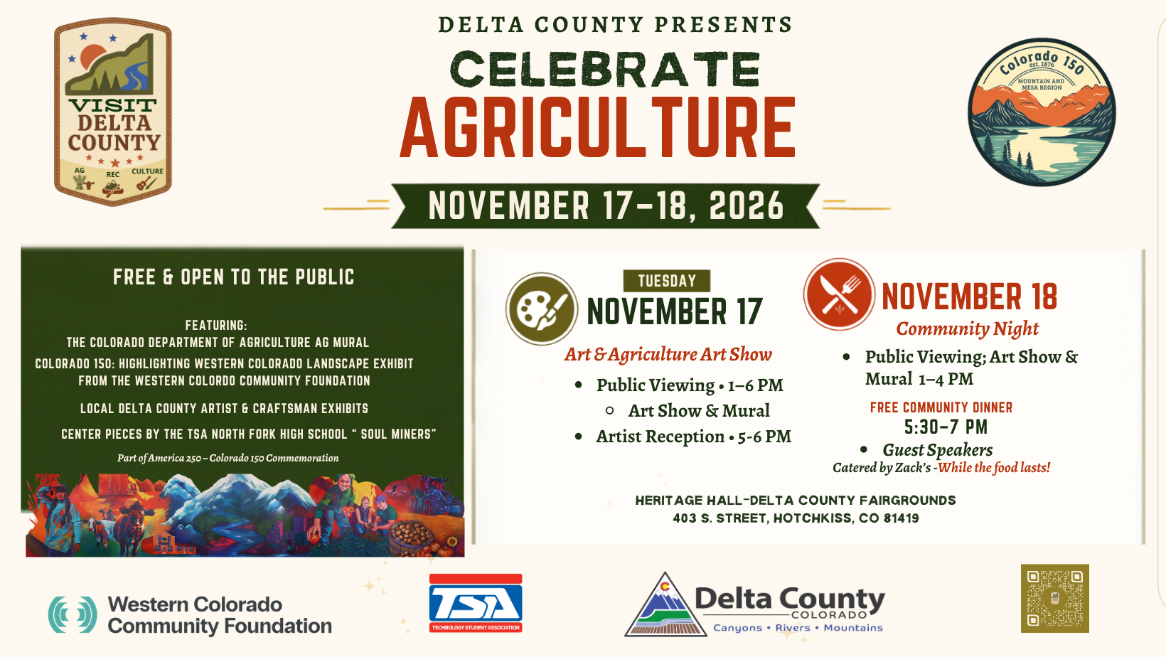 Event poster for Celebrate Agriculture on Nov 17-18, 2026 at Heritage Hall in Hotchkiss, CO, showing agricultural mural art, schedule, free community dinner details, and event sponsor logos