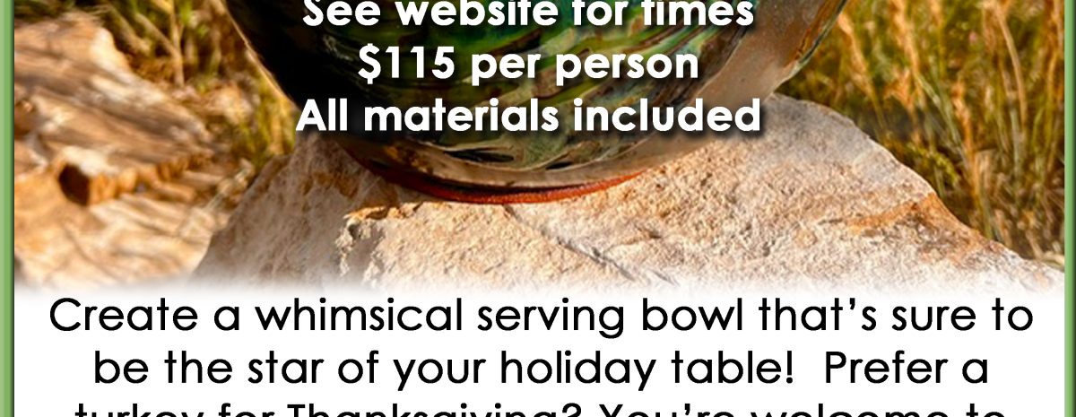 Workshop flyer for Feathered Feast Ceramic Bowl Workshop at GMAEC, displaying a colorful handcrafted glazed pottery chicken serving dish set on a rock.