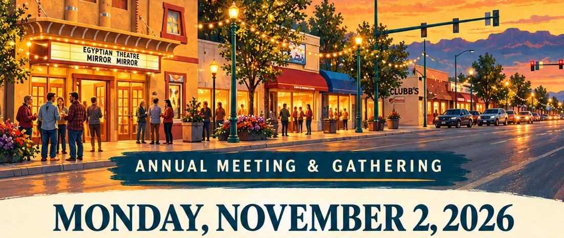 Event poster for Downtown Delta Partnership Annual Meeting on Nov 2, 5:30-7 PM at 440 Main St, featuring sunset artwork of downtown Delta with the Egyptian Theatre.