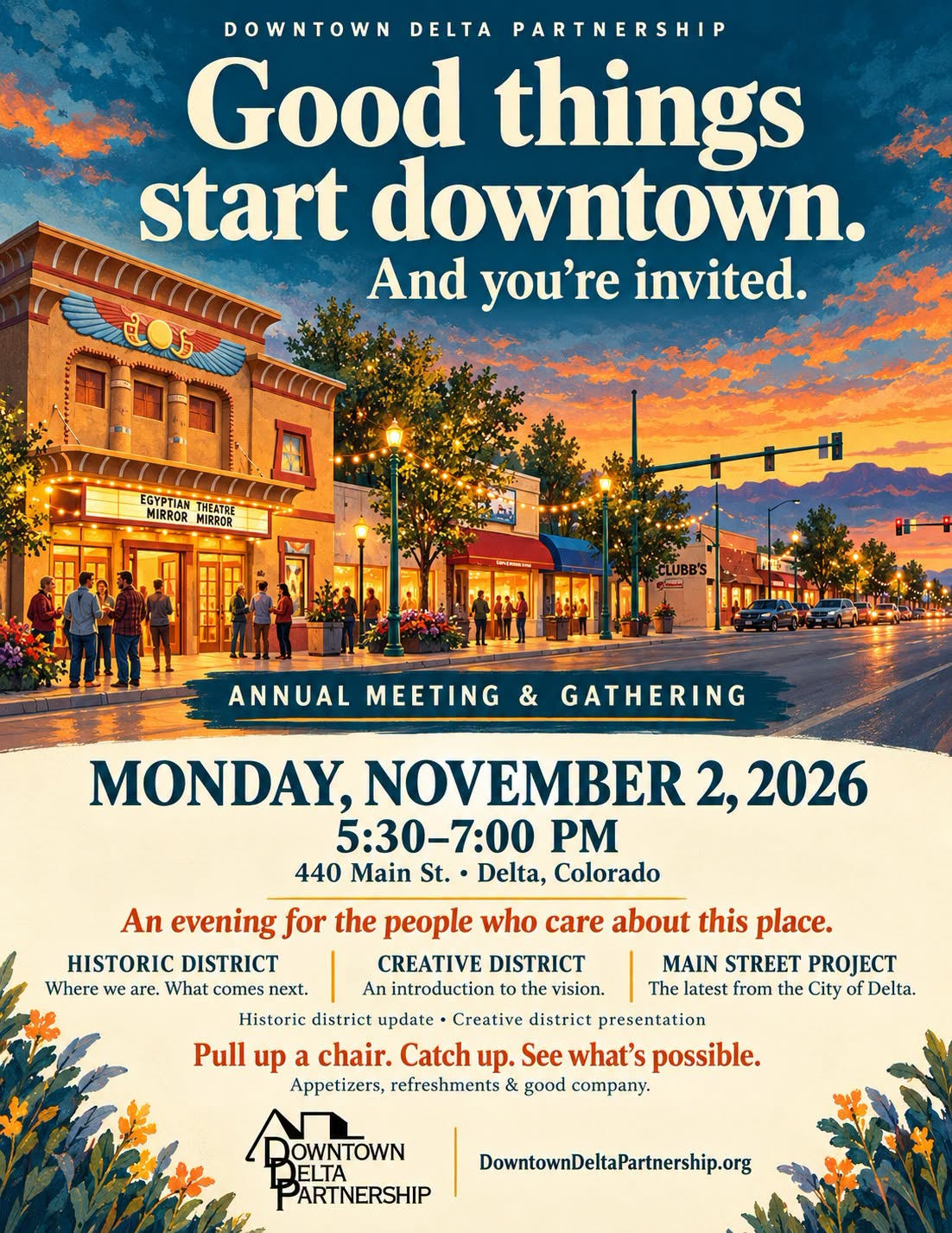 Event poster for Downtown Delta Partnership Annual Meeting on Nov 2, 5:30-7 PM at 440 Main St, featuring sunset artwork of downtown Delta with the Egyptian Theatre.